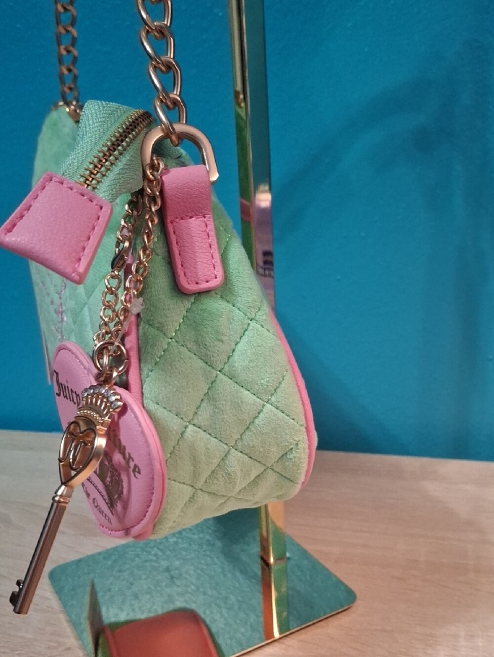 Juicy Couture TALE Retro Green Quilted Shoulder Bag with Pink Trim Y2K Nwt - Picture 4 of 10